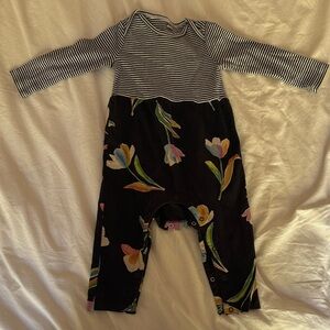 Tea Striped Top Floral Bottom Baby Romper - Black with Multicolor Tulips